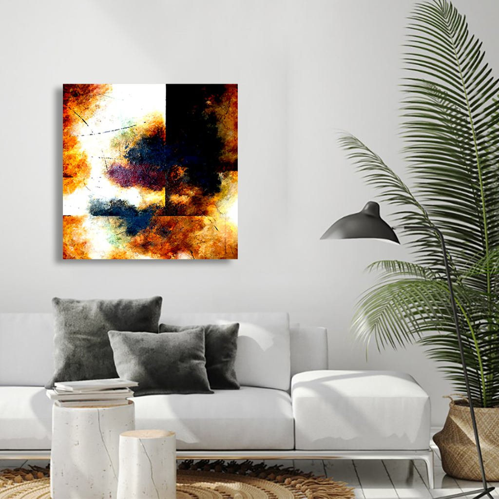 Moderne stueindretning med kunst – mellemstort varmt maleri placeret over en hvid sofa i et stuemiljø.