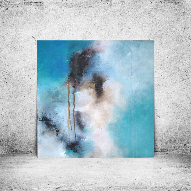 Heavens blue – mellemstort unika maleri med lyseblå og hvide abstrakte skyformationer og mørke detaljer.