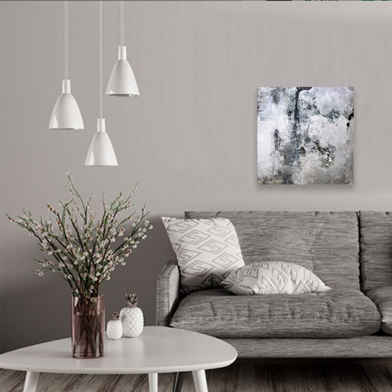 Moderne abstrakt maleri i sølv og sort - Make sense in your life af Louise Sellebjerg, viser maleriet "Make sense in your life" (38593) af louise sellebjerg. Maleriet er i blau, sorte, hvide, lilla, gule og røde nuancer-30x30 cm