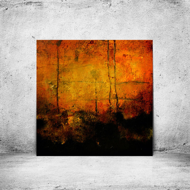 Abstrakt maleri med solopgang - Sunrise af Louise Sellebjerg, sunrise, lille maleri med abstrakte nuancer i orange, guld og sort