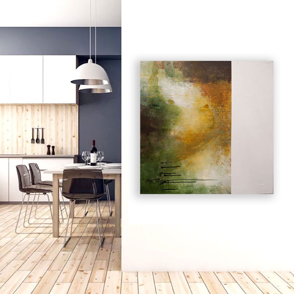 Minimalistisk unika maleri i jordfarver - Create hope in life, Moderne mørkt køkken – det store maleri "Create hope in life" hænger som et sofistikeret blikfang på en lys væg i forbindelse med spisebordet