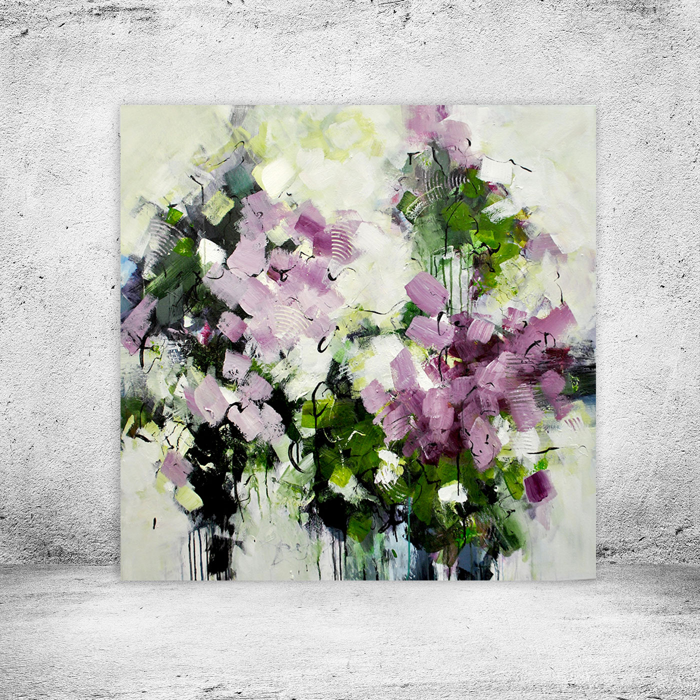 Moderne blomster maleri med farver - Watching the beauty, Stort moderne maleri 100x100 med grønne og lilla abstrakte naturformer "Watching the beauty" – Louise Sellebjerg