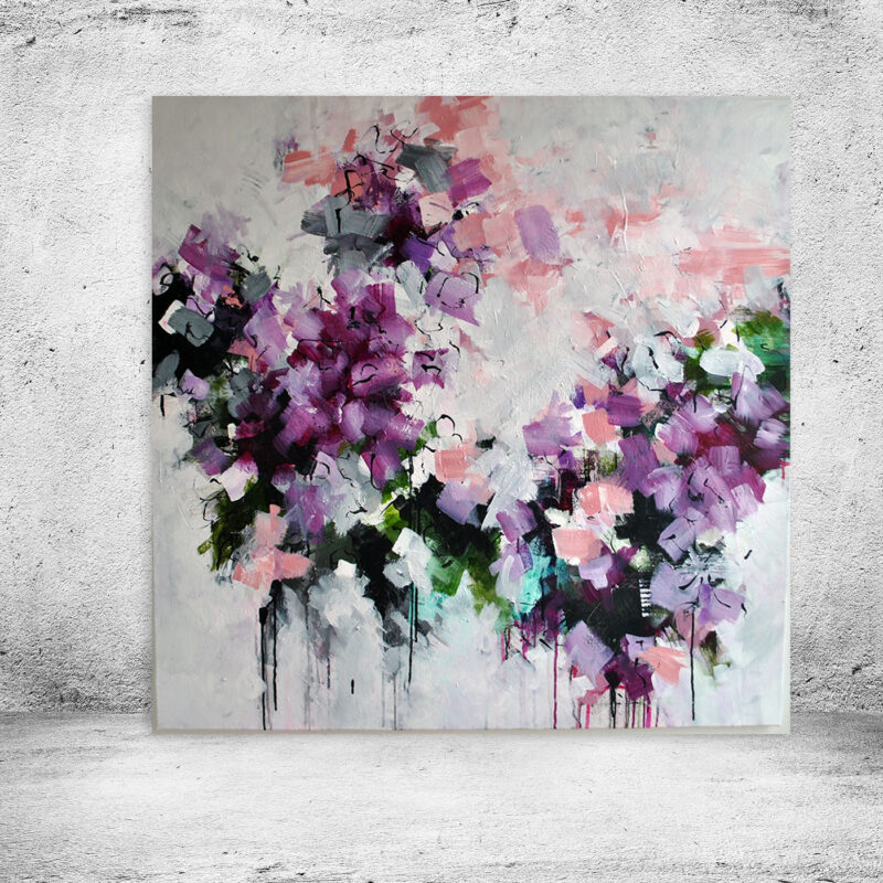 Romantisk unika maleri i lilla - Affectionately spoken, stort kvadratisk unika-maleri 100x100 cm med dybe lilla, violette og sarte rosa nuancer på hvid baggrund.