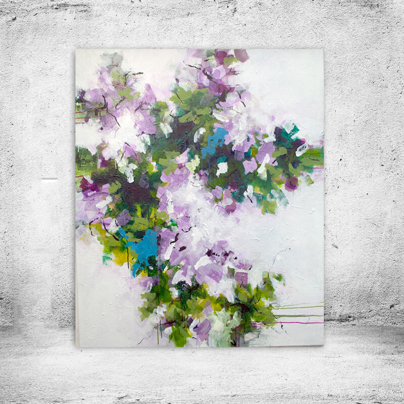 Stort moderne maleri i lilla nuancer - Infinity, Infinity – stort vertikalt unika-maleri 100x120 cm med organiske former i lavendel, turkis og limegrøn på en lys baggrund.