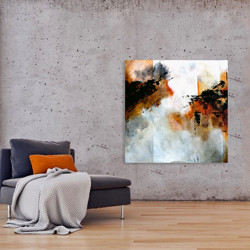 Minimalistisk unika maleri hvidt og orange - Mind in balance, Stilfuld stue med moderne kunst – det store kvadratiske maleri "Mind in balance" hængt op over en grå chaiselong.