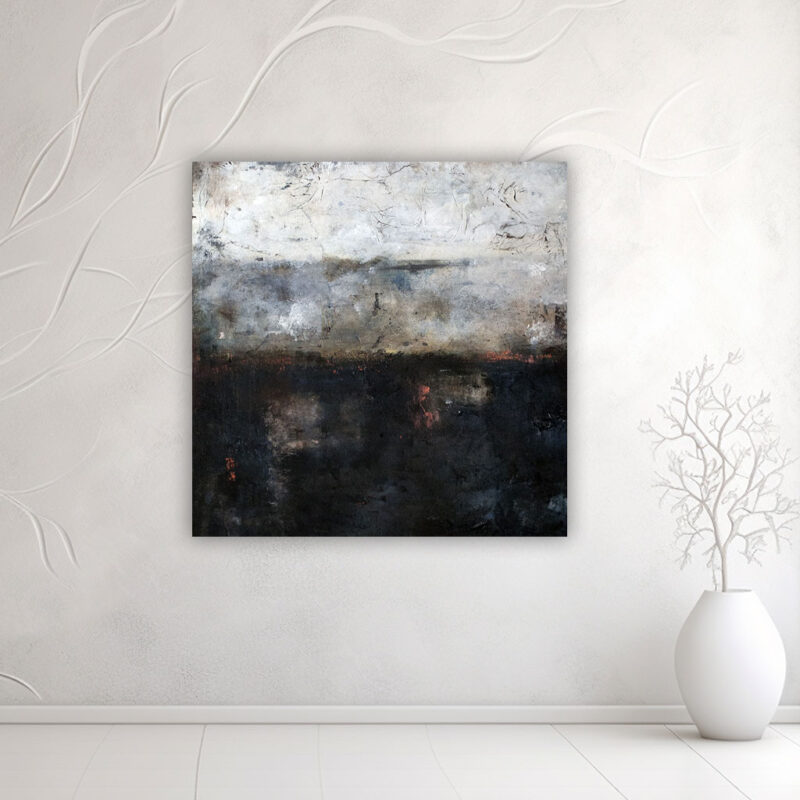 viser maleriet "'Quiet night" (31220) af louise sellebjerg. Maleriet er i hvide. sorte og graalige farver-60x60 cm-5000kr
