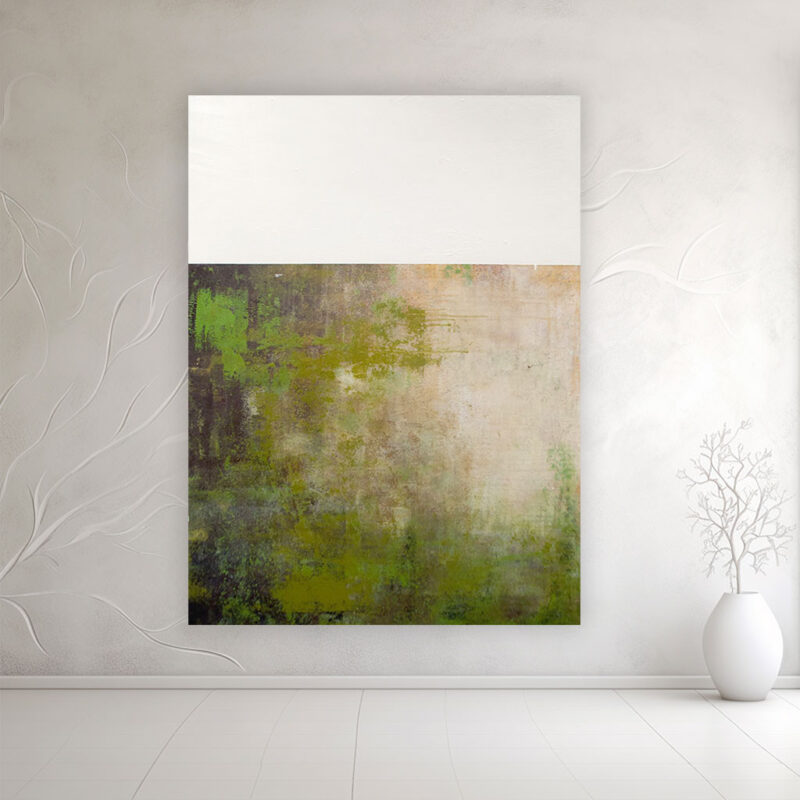 Stort grønt abstrakt maleri - Bright thoughts for the future, Moderne minimalistisk ndretning,– det store grønne maleri "Bright thoughts for the future" monteret på en lys væg.
