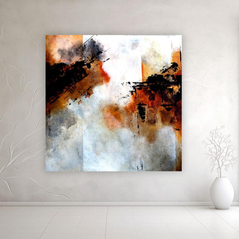 Minimalistisk unika maleri hvidt og orange - Mind in balance, Stilfuld stue med moderne kunst – det store kvadratiske maleri "Mind in balance" hængt op på en lys væg i et minimalistisk rum.