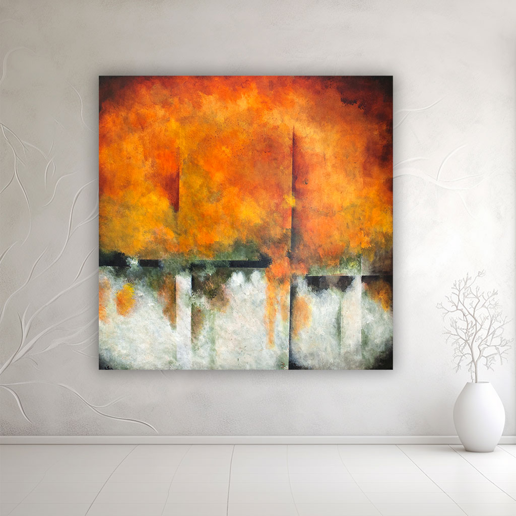 Abstrakt unika maleri i varme farver - Wild life, Moderne indretning med farverig kunst – det store kvadratiske maleri "Wild life" placeret på en lys væg i et minimalistisk rum.