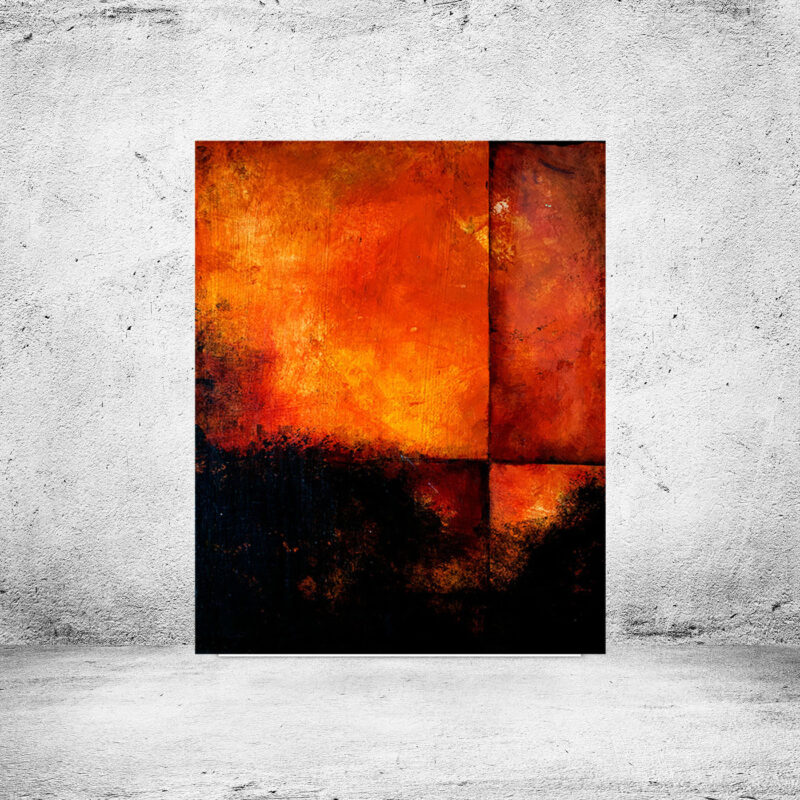 Abstrakt maleri i orange og sort - Burning af Louise Sellebjerg, Burning – unika kunst fra kategorien små malerier af Louise Sellebjerg.