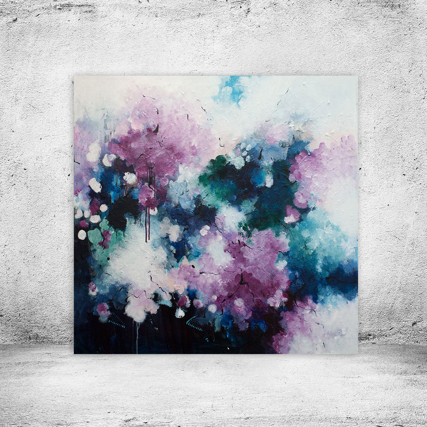Stort moderne lilla maleri - Complexity of life, Complexity of life – moderne abstrakt unika-maleri 100x100 cm med en intens palette af mørkeblå, violet og teal.