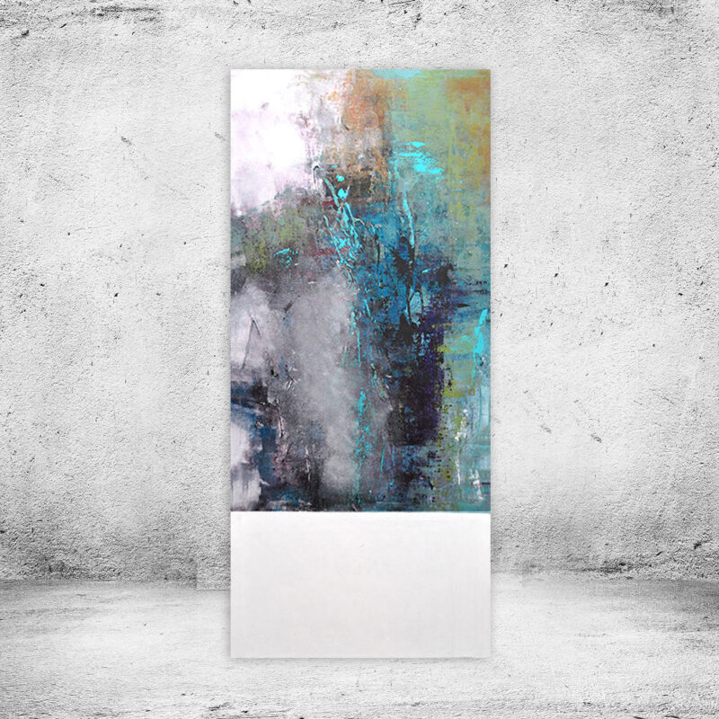 Stort blåt grønt maleri - A beautiful insight – stort unika maleri 60x140 cm med en kompleks struktur af tågede lilla nuancer og vitale turkise detaljer.